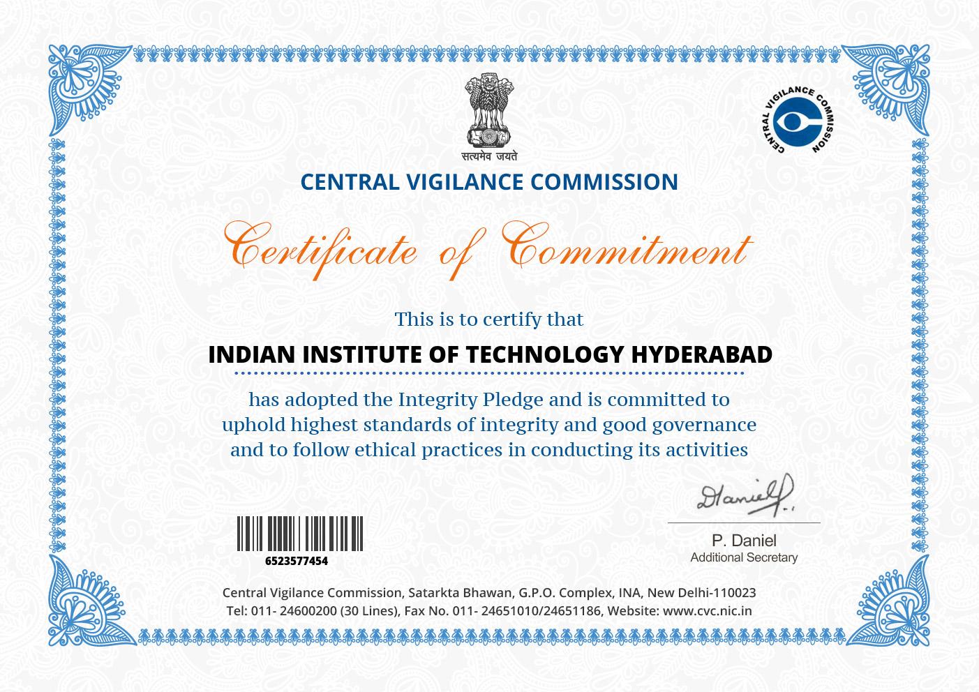 IITH Vigilance Awareness Week Certificate